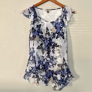 🦋 Roz & Ali White Blue Butterfly Ruffle Short Sleeve Blouse Small
